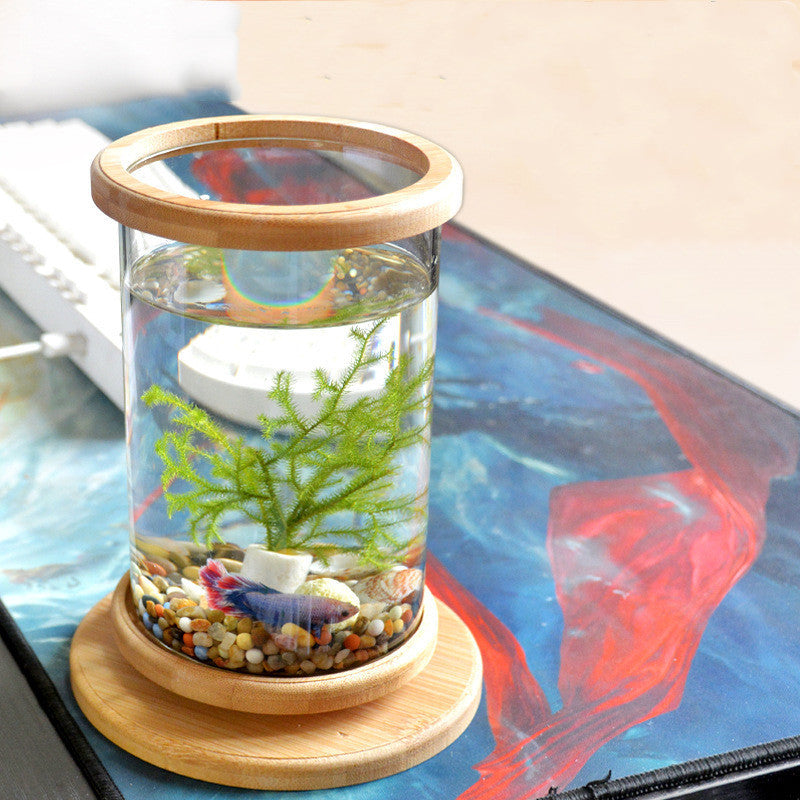 Small Office Glass Aquarium Bamboo Base Bowl