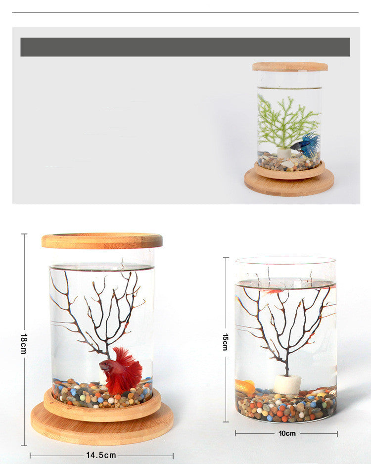 Small Office Glass Aquarium Bamboo Base Bowl
